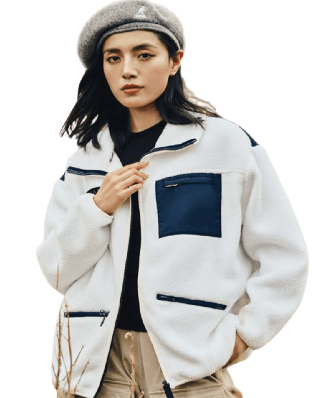 Women's Standing Collar Color Clash Faux Shearling Jacket