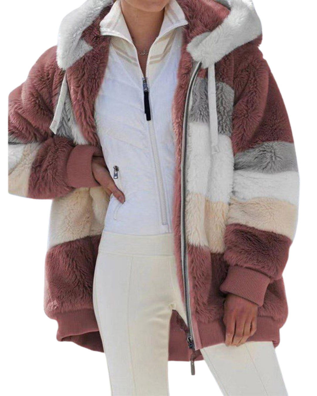 Women's Colorblocking Long Sleeve Plush Cardigan Hooded Jacket